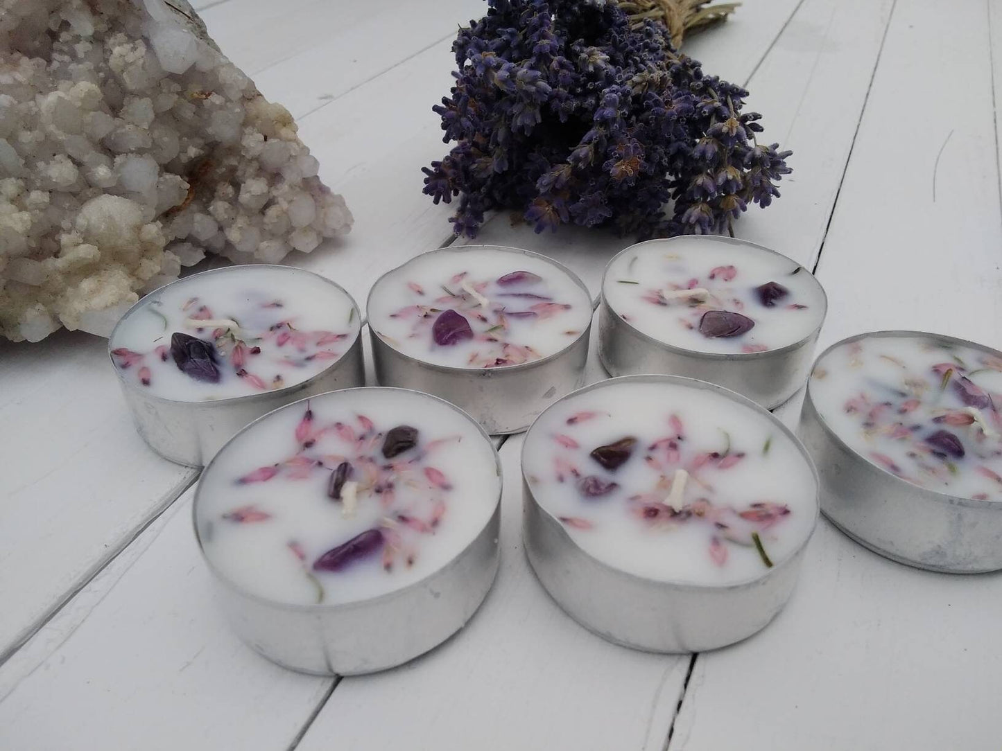 Stress Relief - Herb and Crystal Candles - Unscented Tealight - Heather and Amethyst - Pack of 6